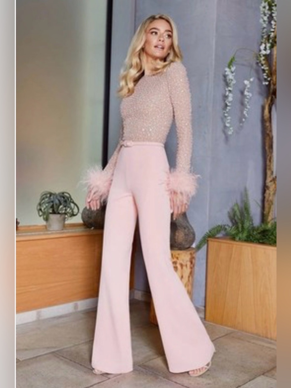 BNWT Nadine Merabi Misha Elegant Pink Wide-Leg Jumpsuit with Feather Cuffs